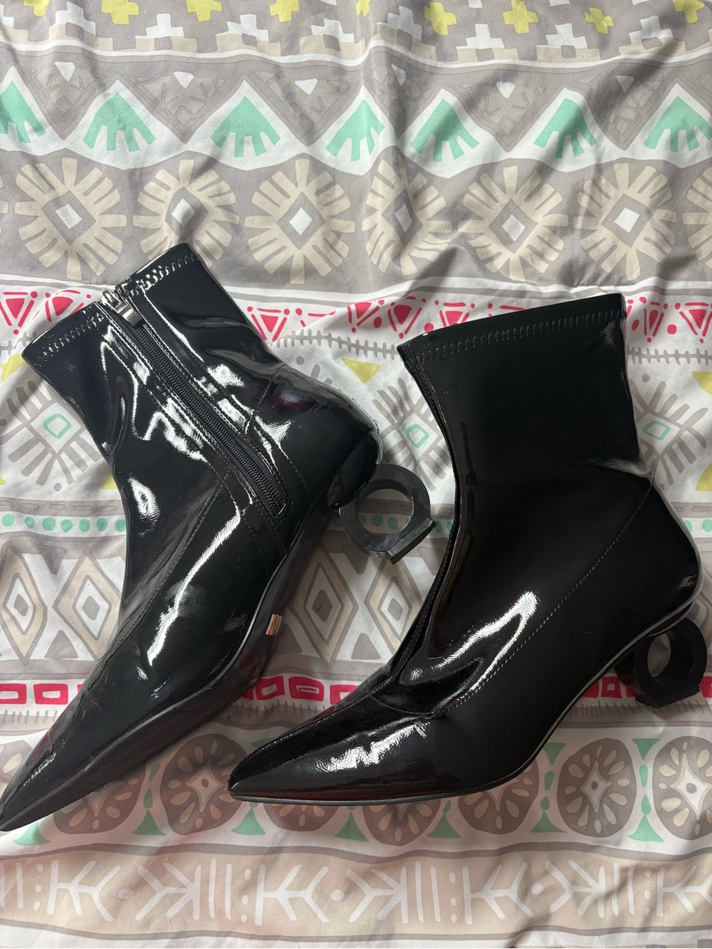 Patent Black Pointed-Ankle Heeled Boots with Sculptural Ring Heel